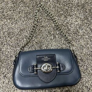 Coach Dark Blue Leather Crossbody Bag with Silver Accents